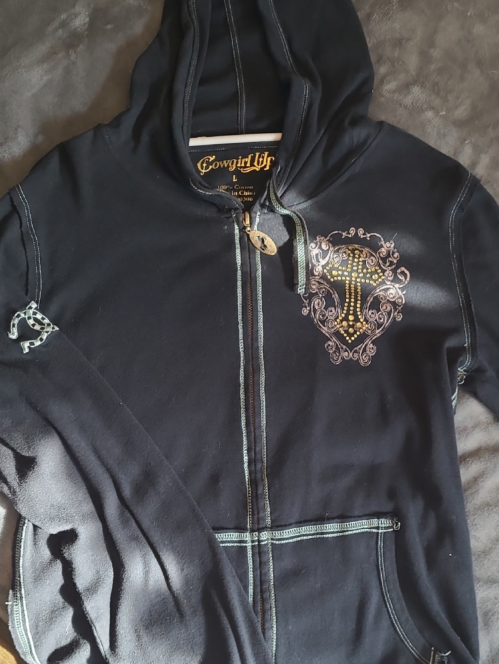 Cowgirl Up Black Zip-Up Hoodie with Embellished Crest